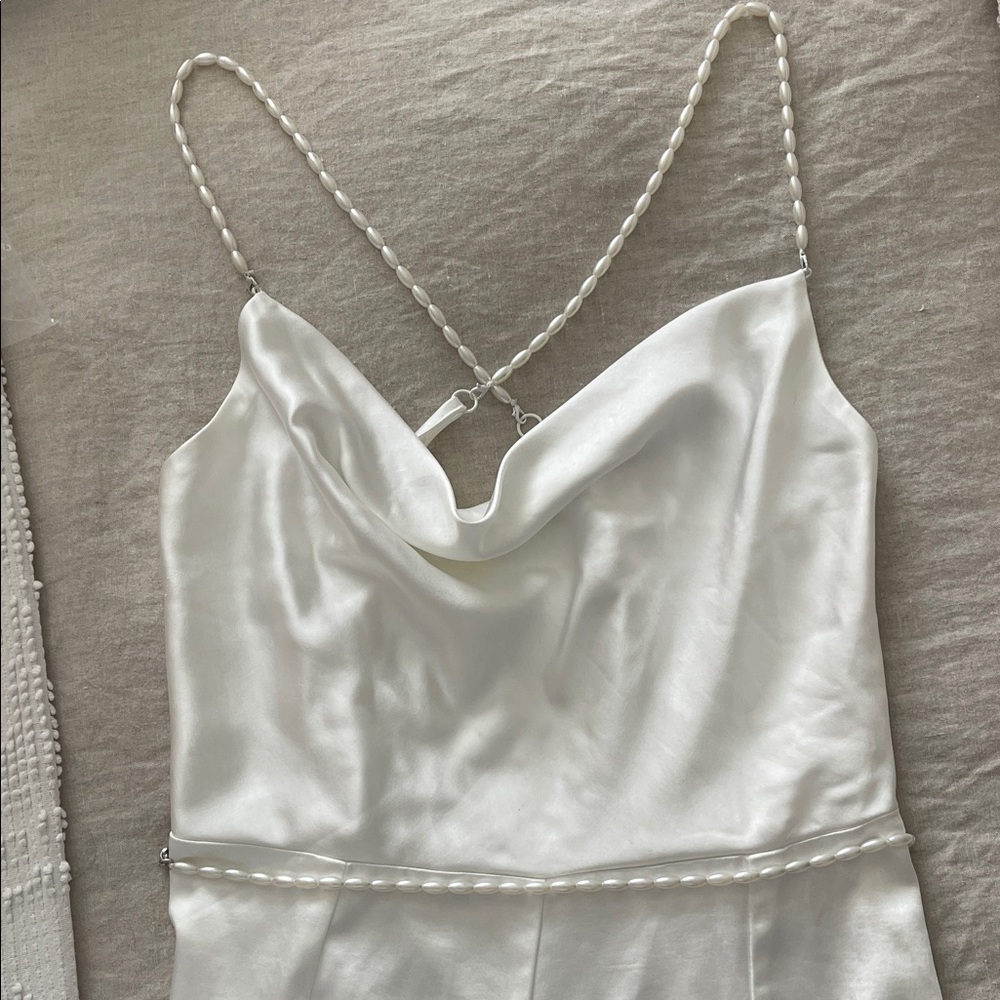 Elegant White Satin Dress with Pearl Straps